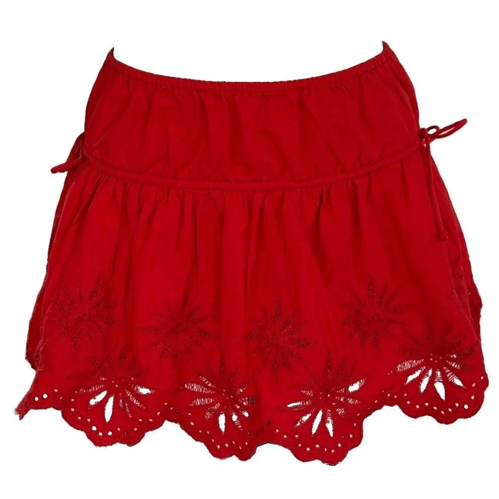 Free People Red Cotton Eyelet Mini Skirt Women Sz S Ruffle Tie Side Resort NWOT
